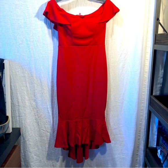 Emerald Sundae off the shoulder bodycon red dress peplum hemline juniors XS - Picture 3 of 10